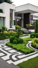 Obraz premium Modern architectural design with meticulously landscaped garden showcasing symmetry and pattern in