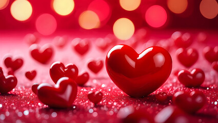 Many red hearts on a sparkling background with bokeh lights