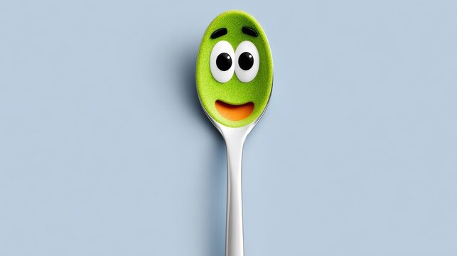 Spoon with a green face on it. The spoon is smiling and has eyes. The spoon is on a blue background - Powered by Adobe