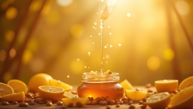Golden honey pouring into the jar with lemons and beans around.
