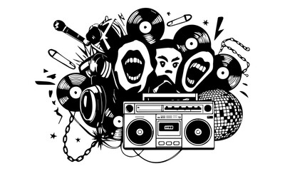Retro Punk Hip-Hop Collage Illustration with Music and Grunge Elements