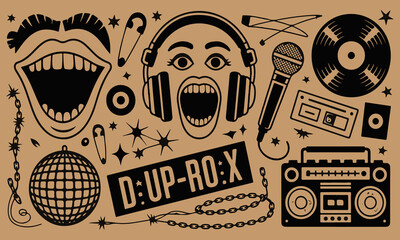 Retro Punk Hip-Hop Collage Illustration with Music and Grunge Elements