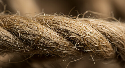 Extreme Close-Up of Rough and Hairy Natural Jute Rope with Detailed Fibers
