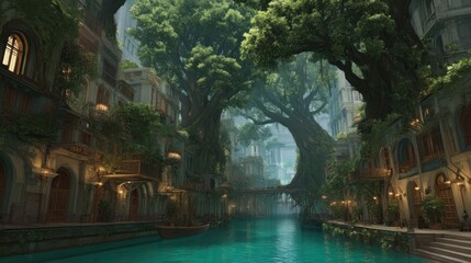 Enchanting waterway city with grand trees and aged buildings reflecting in water