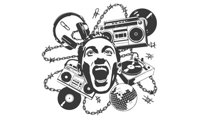 Retro Punk Hip-Hop Collage Illustration with Music and Grunge Elements