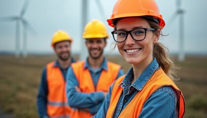 Engineers in hard hats, safety vests smile at camera in wind farm. Renewable energy production station features large wind turbines against cloudy sky. Team works on alternative electricity