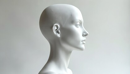 Side view of white mannequin head, profile shows ear and jawline detail. Clean, minimalist design on white background. Sculptural form, anatomical study, fashion model aesthetic.