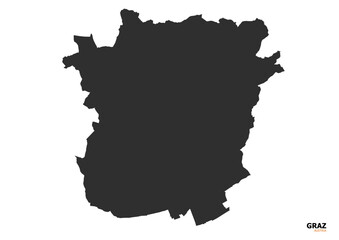 Obraz premium A black silhouette vector map of Graz, featuring clear outlines of the city's boundaries and key geographical features.