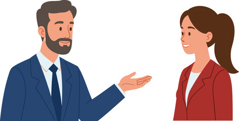 Businessman and businesswoman talking, professional office communication, teamwork, leadership, conversation, workplace discussion, collaboration, presentation, corporate success, planning