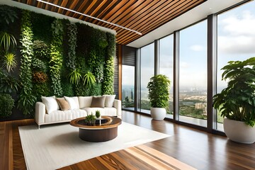 Lush vertical garden creating a biophilic oasis inside a modern minimalist apartment facing a city