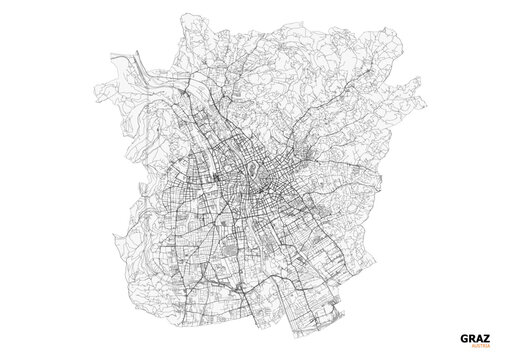 A minimalist black and white vector map of Graz&rsquo;s highways and key road networks for clear design and navigation.