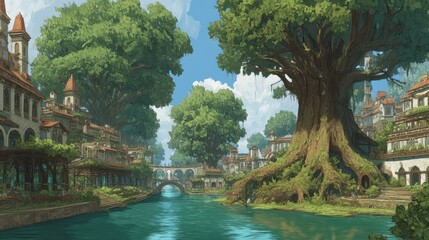 Enchanting River Townscape with Ancient Trees and European-Style Architecture creating a serene