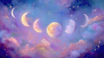 Ethereal lunar cycle illustration with pastel clouds and twinkling star patterns surrounding