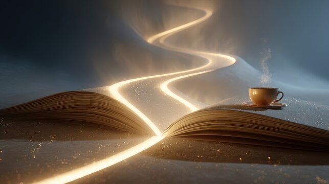 A Winding River of Light Illuminates a Storybook Landscape with a Cozy Cup of Tea.