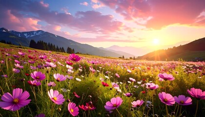 Colorful flower field at sunset over mountains