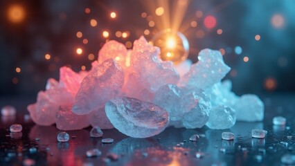 Obraz premium Crystalline structures illuminated by red and blue lights on dark surface