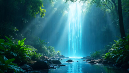 Ethereal Forest Waterfall with Luminescent Beams and Lush Greenery