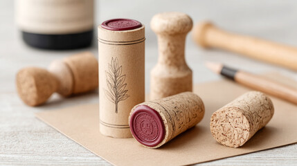 Wine branding tools and cork seals on wooden desk for creative beverage packaging design
