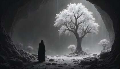 Mysterious Cloaked Figure Gazes at a Glowing Tree in a Dark, Ethereal Cave Landscape
