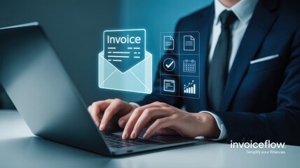 Digital Invoice Processing: A professional in a sharp suit meticulously works on a laptop. digital invoice floats elegantly above the device.
