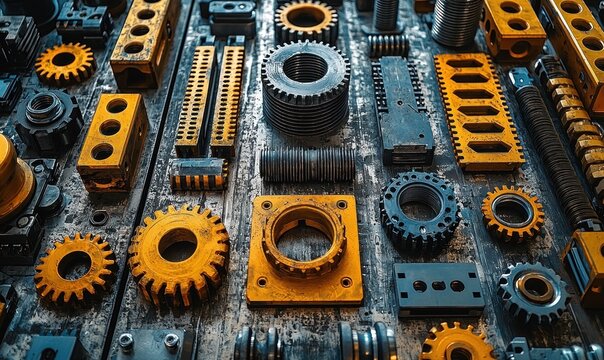 A wall-mounted display of various mechanical parts, gears, and industrial components in yellow and dark gray