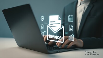 Digital Finance Interface: A business professional navigates the realm of digital finance, interacting with holographic icons of invoice, and financial data on a sleek laptop.