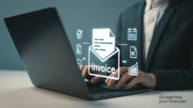 Digital Finance Interface: A business professional navigates the realm of digital finance, interacting with holographic icons of invoice, and financial data on a sleek laptop.
