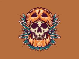 Retro Pumpkin Skull Head | Vintage Halloween Illustration for T-Shirts & Tattoos