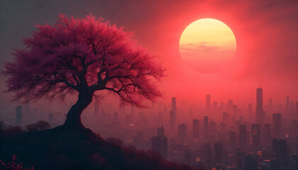 Vibrant Pink Cherry Blossom Tree Overlooking a Hazy Cityscape at Sunset with a Large Orange Sun