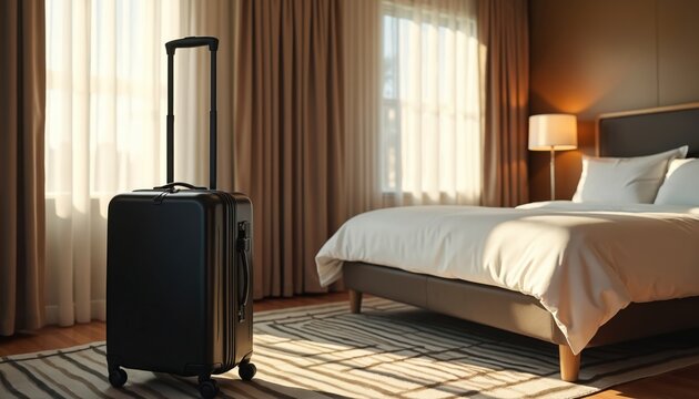 Modern hotel room features black suitcase by sunlit bed. Soft curtains and warm lamp create cozy, peaceful atmosphere for travelers. Stylish decor offers comfort and relaxation for perfect getaway.