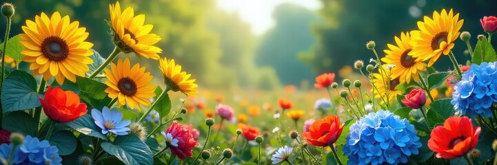 Vibrant summer colors burst from a lush garden overflowing with sunflowers, poppies, and bright blue hydrangeas Perfect for summer themes, travel, and joyful occasions , seasonal, yellow, colorful