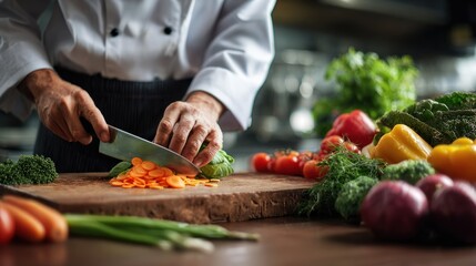 Professional chef carefully preparing fresh vegetables in a restaurant kitchen atmosphere