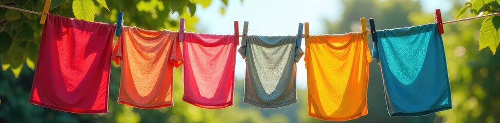Vibrant summer laundry hanging on a rustic clothesline, secured with colorful wooden clothes pegs A charming, idyllic scene of sun-dried clothing , whimsical, clothespins