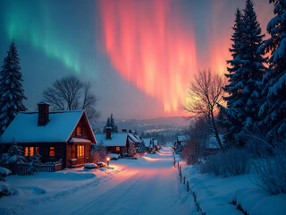 Serene Winter Village Street Illuminated by Warm Lights Under a Vivid Aurora Borealis Sky