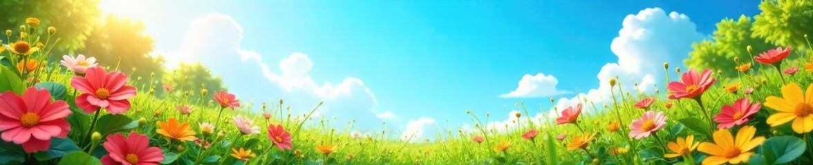 Vibrant summer scene with lush greenery, bright flowers, and a clear blue sky Perfect for travel, vacation, or summer-themed projects Sun-drenched, cheerful and idyllic , season, nature
