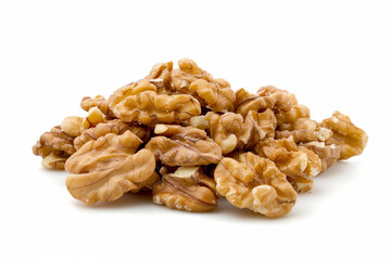Fototapeta premium Shelled walnut halves arranged on a clean white background, highlighting natural texture, warm brown tones, and raw nut detail in a minimalist composition.