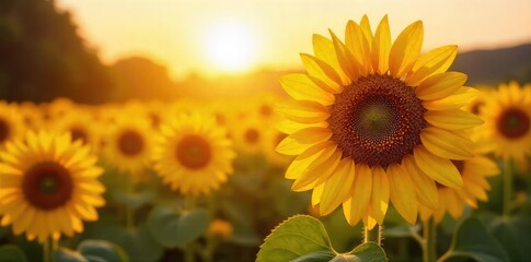 Vibrant sunflowers bask in golden sunlight, their faces turned towards the sun in a field of rich, warm hues A breathtaking display of nature's beauty at its peak , stems, botanical, summertime