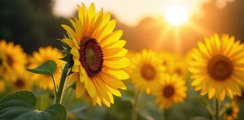 Vibrant sunflowers bathed in warm sunlight, their faces turned towards the radiant sun A stunning display of nature's beauty and the joy of summer , detail, bright, rural