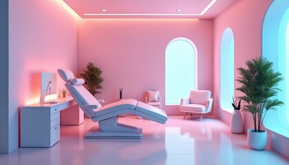 Modern beauty treatment room with pink lighting, contemporary furnishings provides serene setting for relaxation, rejuvenation. Features include comfortable chair, desk with computer, plants, soft