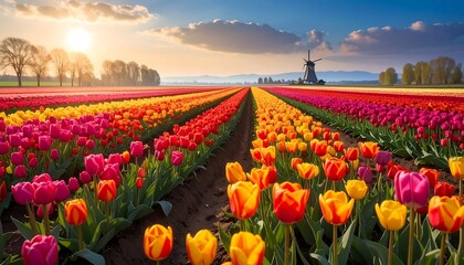 Colorful tulip fields at sunrise