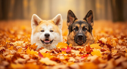 Two dogs, Akita and German Shepherd, peeking from autumn leaves.  Image showcases autumn, friendship, and canine companionship