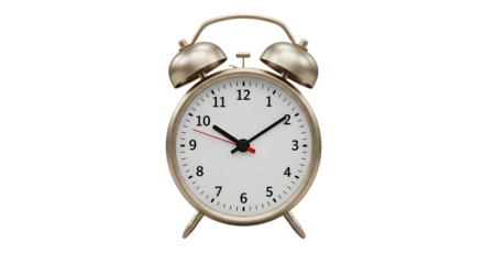Silver alarm clock showing the time isolated PNG with Transparent Background