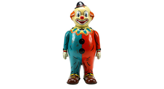 Vintage tin toy clown with hat isolated PNG with Transparent Background