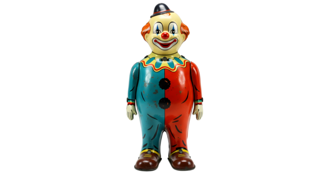 Vintage tin toy clown with hat isolated PNG with Transparent Background - Powered by Adobe