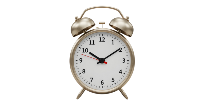 Silver alarm clock showing the time isolated PNG with Transparent Background