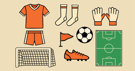 Football Equipment Icons with Jersey, Shoes, Ball, Gloves, and Field