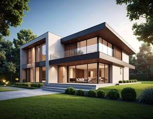 Modern house exterior, sunny day