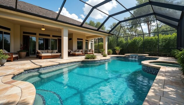 Luxurious backyard pool area with screened enclosure, waterfall, integrated spa. Blue water invites relaxation on sunny summer days. Elegant patio furniture offers comfort. Perfect vacation get-away