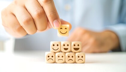 Hand placing a happy face emoji cube on a stack of wooden emoji cubes