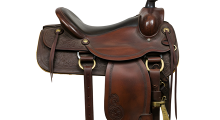 Brown leather horse saddle for equestrian sport isolated PNG with Transparent Background